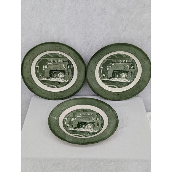 3 Plates Vintage Royal Colonial Homestead Green White Cabin Hearth Fireplace 10" - Picture 2 of 3